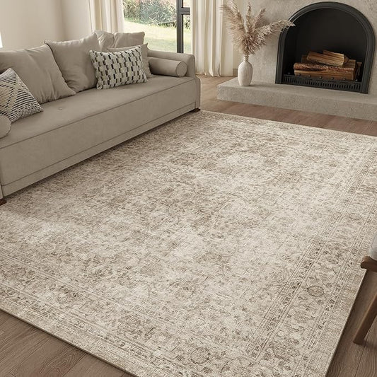 FMFUNCTEX 4x6 Washable Area Rug Neutral Vintage Beige Non Slip Low Pile Traditional Indoor Carpet for Living Room Bedroom Soft Retro Floral Mat Throw Rug for Dining Office Kitchen Dorm Entryway