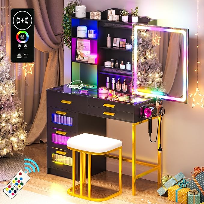 RGB Vanity Desk with Sliding Mirror and Lights, LED Makeup Vanity with Charging Station, Glass Top Dressing Table Set with Jewelry Organizer,6 Drawers,Stool,Shelves for Bedroom (Black)