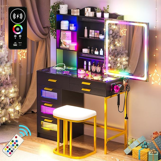RGB Vanity Desk with Sliding Mirror and Lights, LED Makeup Vanity with Charging Station, Glass Top Dressing Table Set with Jewelry Organizer,6 Drawers,Stool,Shelves for Bedroom (Black)