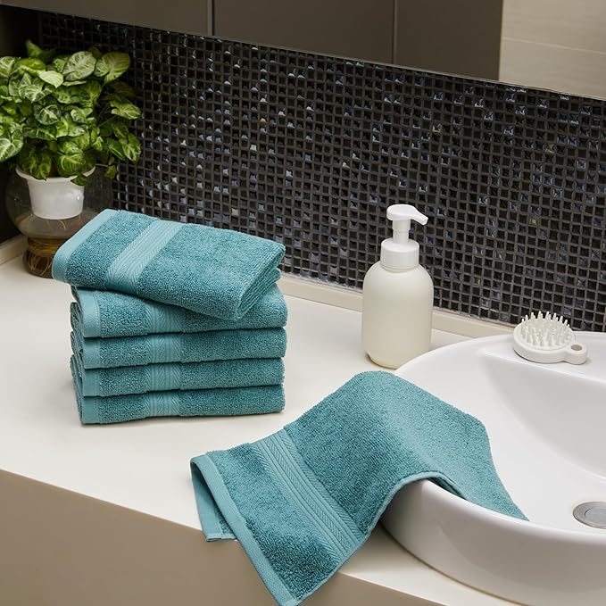 Amazon Basics Fade-Resistant 100% Cotton Hand Towel, 6 Pack, 16"x26", Teal Green