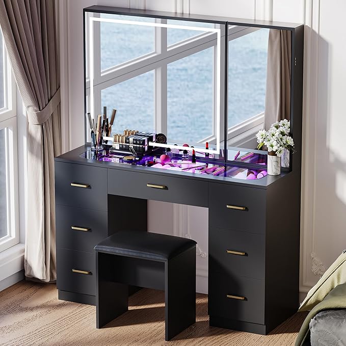 Glass Top Vanity Desk with Mirror and Lights, Black Makeup Vanity with RGB Drawer, Dressing Table with Adjustable Brightness, Vanity Set for Dressing Room (Black-Glass Top, with Stool)