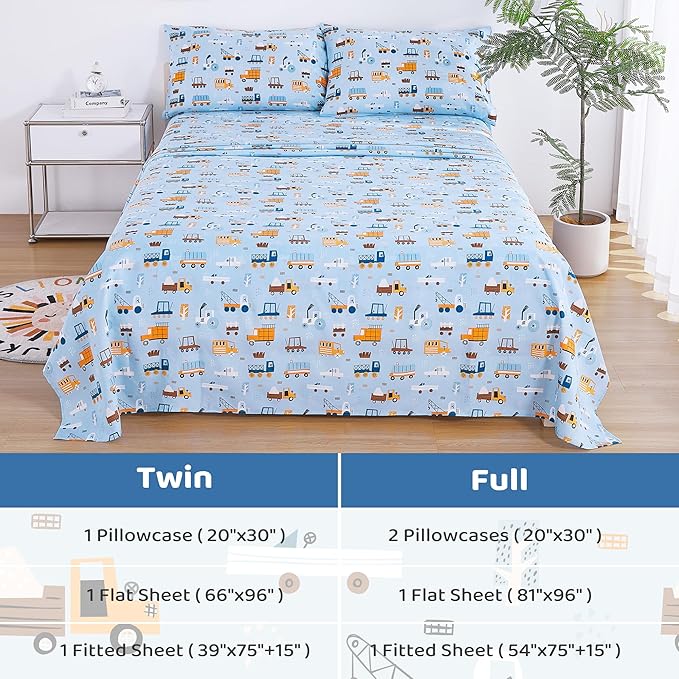 Viviland 3 Pieces Boys Blue Truck Twin Sheet Set - Soft Microfiber Fitted Flat Sheets & Pillowcase - Construction Truck Bedding Sets - for Kids & Toddlers