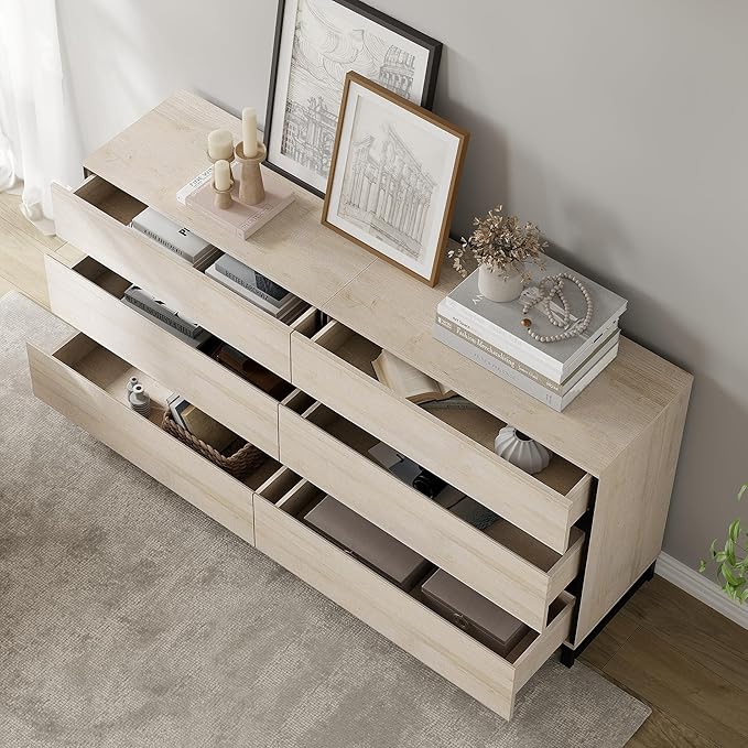 WAMPAT Dresser for Bedroom, Closet Organizers and Storage with 6 Drawers, Chest of Drawers with Metal Base, Modern Wood Dresser for Living Room, Bedroom,Light Oak