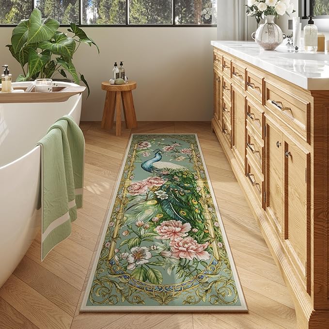 Runner Rug for Kitchen 2'6"x8' Washable Rugs with Rubber Backing Soft Floral Peacock Floral Animal Carpet Runner for Kitchen, Laundry, Bedroom, Bathroom (Mint Turquoise)