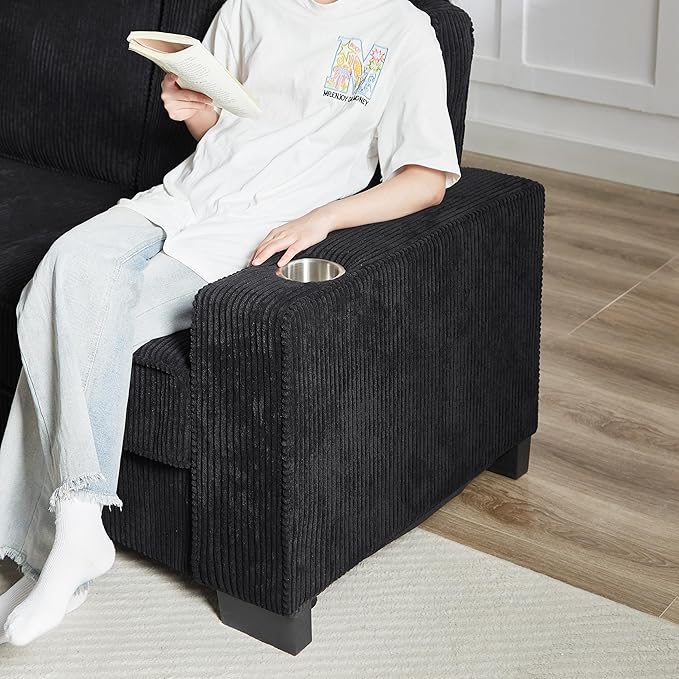 Furnimart Modern 3 Seater Couches, Cozy Deep Seat Sofa, Comfy Fluffy Couch for Living Room, Small Couches for Small Space, with Removable Sofa Cover, Black Corduroy Fabric