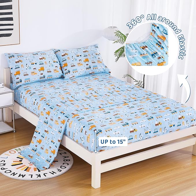 Viviland 3 Pieces Boys Blue Truck Twin Sheet Set - Soft Microfiber Fitted Flat Sheets & Pillowcase - Construction Truck Bedding Sets - for Kids & Toddlers