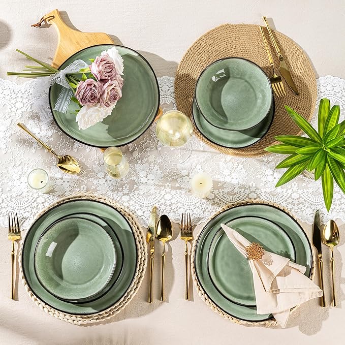 AmorArc Ceramic Dinnerware Sets,Handmade Reactive Glaze Stoneware Plates and Bowls Set,Highly Chip and Crack Resistant | Dishwasher & Microwave Safe Dishes Set,Service for 4 (12pc)