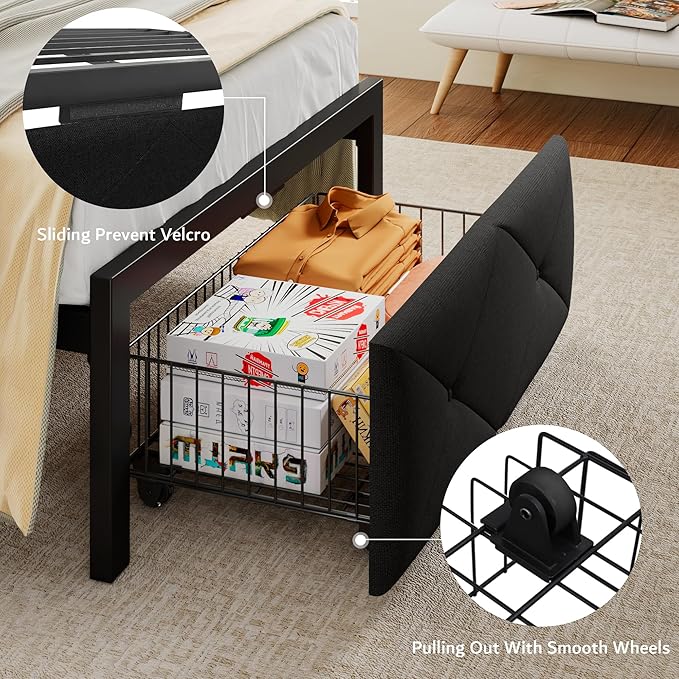 iPormis Twin Bed Frame with Storage Drawers, Linen Upholstered Headboard Platform Bed with Charging Station, No Box Spring Needed, Metal Slats Support, Noise-Free, Easy Assembly, Black