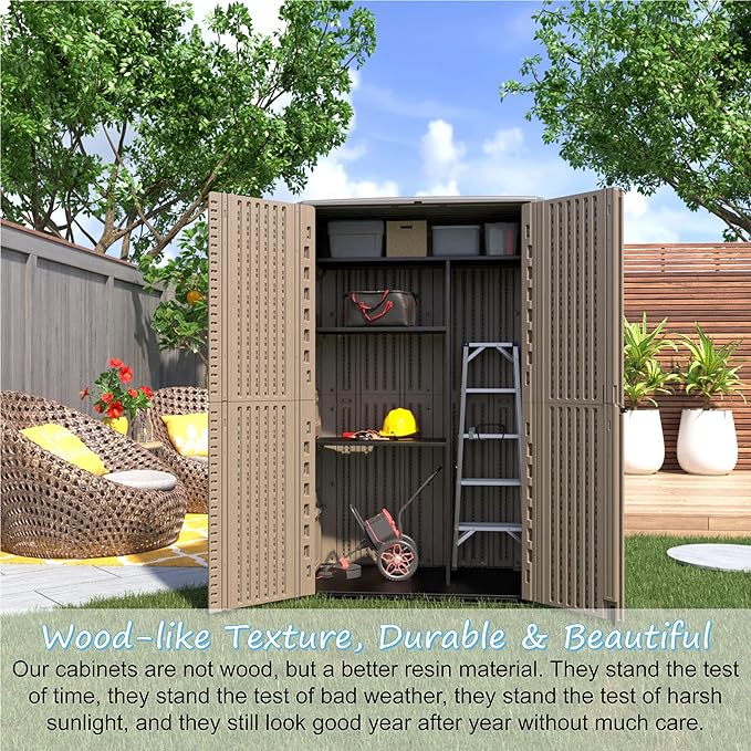 Sheds & Outdoor Storage, 52 Cu.ft Vertical Storage with Floor, Cabinet Waterproof for Garage Pool Bike Shed, Garden , Coffee Brown