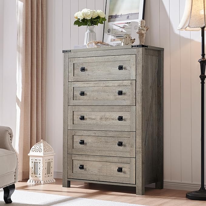 RedLemon Farmhouse 5 Drawer Dresser, 48" Tall Rustic Chest of Drawers, Wood Dresser for Bedroom, Living Room, Hallway, Light Rustic Oak