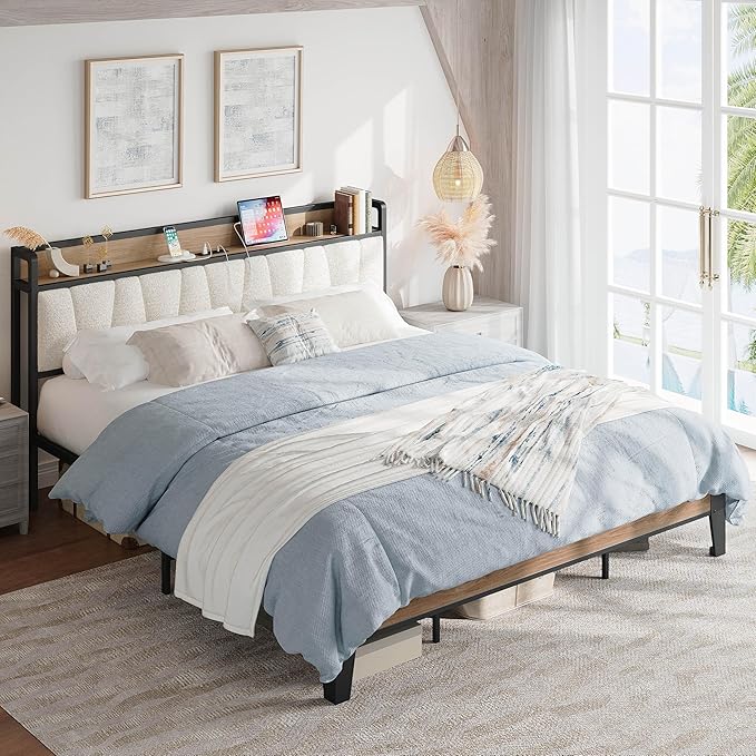 LIKIMIO California King Bed Frames, Storage Headboard with Charging Station, Solid and Stable, Noise Free, No Box Spring Needed, Easy Assembly, Wood and Cream