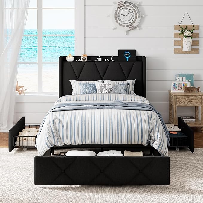 Twin Bed Frame with 4 Large Storage Drawers, Upholstered Platform Bed with Charging Station, Modern Wingback Storage Headboard, Easy Assembly,Noise-Free, Black