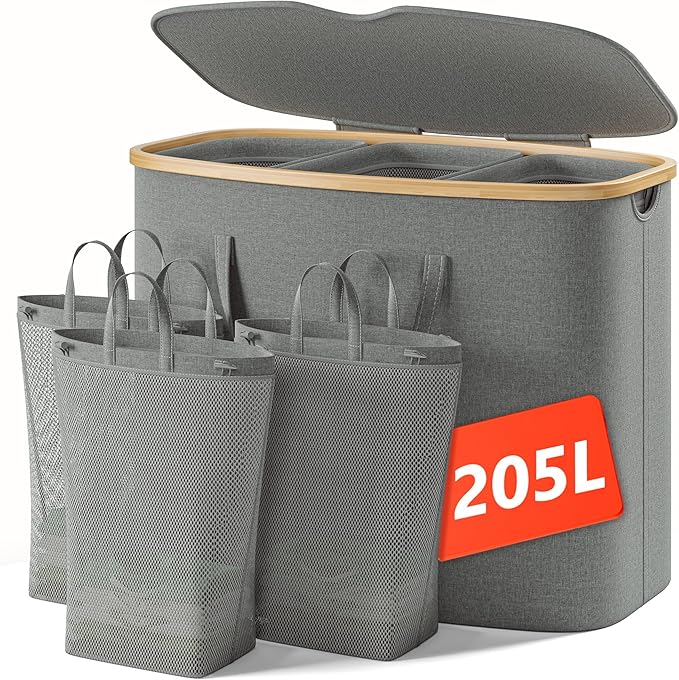 205L Laundry Hamper with Lid 3 Section, Extra Large Laundry Basket with 3 Removable Bags, 54GAL Laundry Basket Organizer for Bedroom, Laundry Room, Dorm,Clothes Hamper,Grey