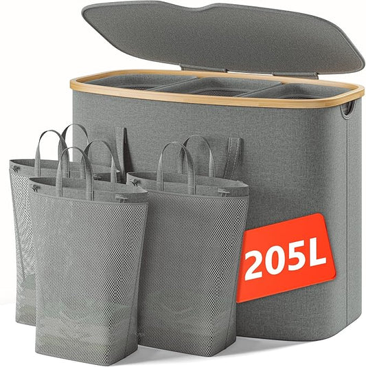205L Laundry Hamper with Lid 3 Section, Extra Large Laundry Basket with 3 Removable Bags, 54GAL Laundry Basket Organizer for Bedroom, Laundry Room, Dorm,Clothes Hamper,Grey