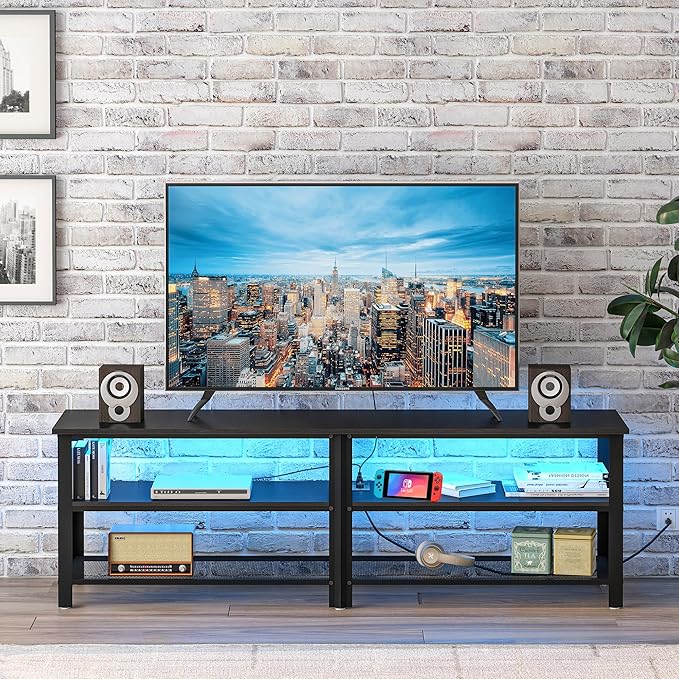 Clikuutory Modern Black 63 inch Metal TV Stand with LED Lights and Power Outlets for 40 50 55 60 65 70 Inch TVs, 3 Tier Television Stands with Entertainment Center and Storage for Living Room, Bedroom