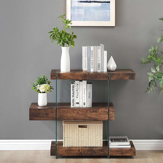ivinta Glass Console Table, 3-Tier Industrial Rustic Entryway Table with Storage Shelves and Hidden Drawer for Living Room Hallway Foyer or Entrance, 5104 (Dark Brown, 39")