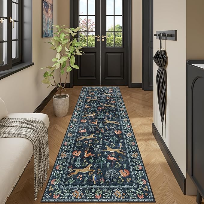 DUKINO 2x6 Rug for Hallway, Washable Kitchen Runner Rug with Non Slip Backing, Soft Low Pile Vintage Animal Runner for Bedroom, Kitchen, Hallway, Entryway, Laundry, Navy Blue