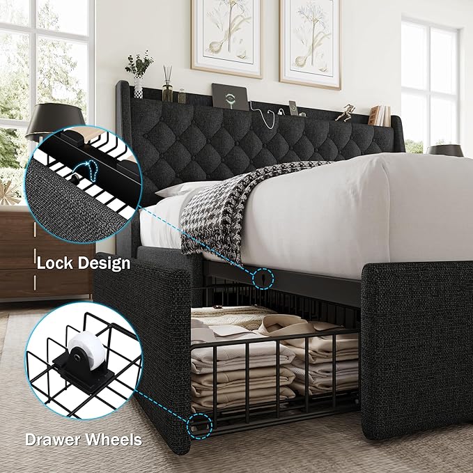 King Size Bed Frame with 4 Storage Drawers, Giant Upholstered Wingback Headboard, Fast Charging Station, No Box Spring Needed, Noise-Free, Dark Gray
