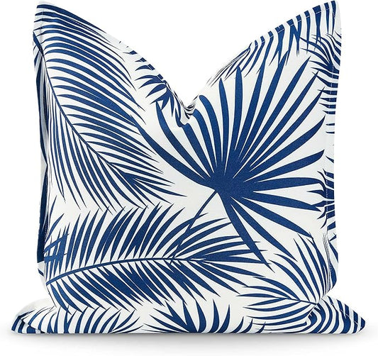 Hofdeco Premium Coastal Hampton Style Patio Indoor Outdoor Pillow Cover Only, 20"x20" Water Resistant for Backyard, Couch, Navy Blue Palm Leaf