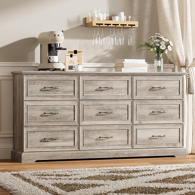 Dresser for Bedroom with 9 Drawer, Farmhouse Long Dresser for Closet,63'' Wide Rustic Wooden Chest of Drawers with Natural Wood Texture, Vintage Storage Organizer for Living Room, Hallway, Grey
