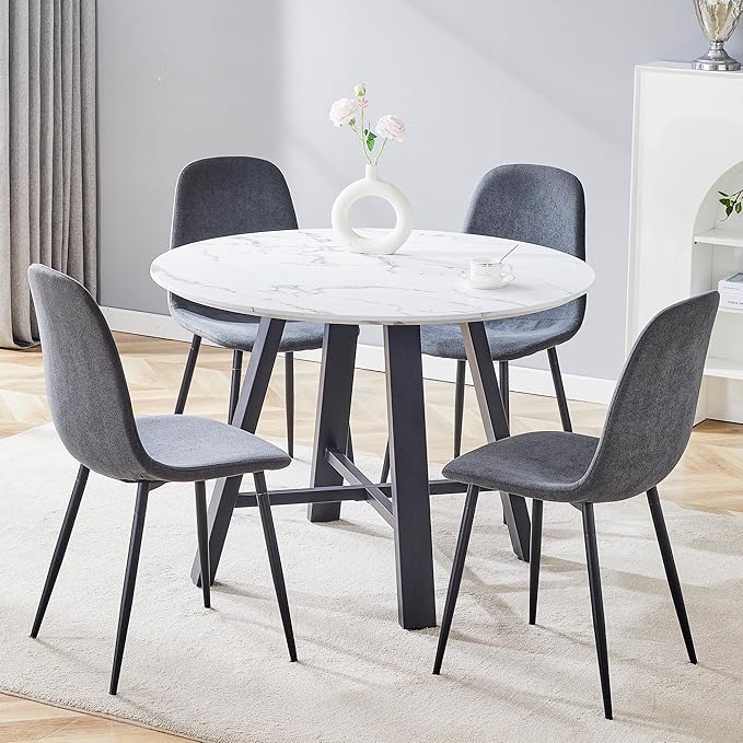 Round Dining Table Set for 4, Modern Kitchen Dining Table Chairs Set for 4, 42 Inch Small Round White Dining Table Set & 4 Upholstered Fabric Chairs for Kitchen Living Office Cafe Small Space