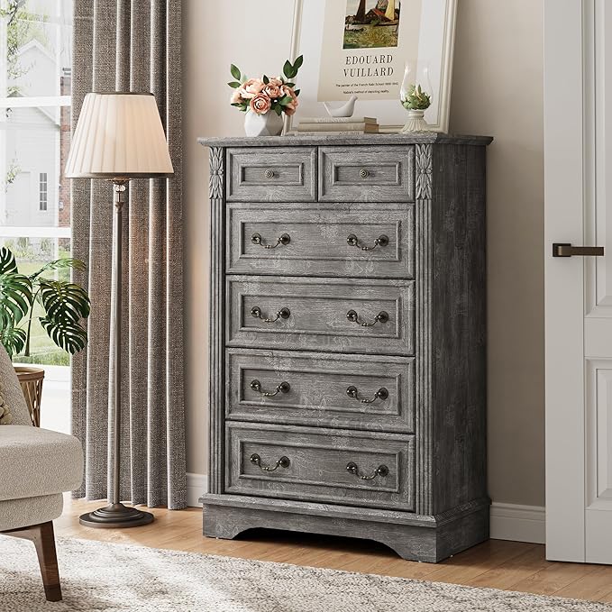 Farmhouse 6 Drawers Dresser, Wood Dressers for Bedroom, Tall 6 Chset of Drawers with Carved Wood Pilasters, Rustic Dressers Organizer for Bedroom, Hallway, Light Gray