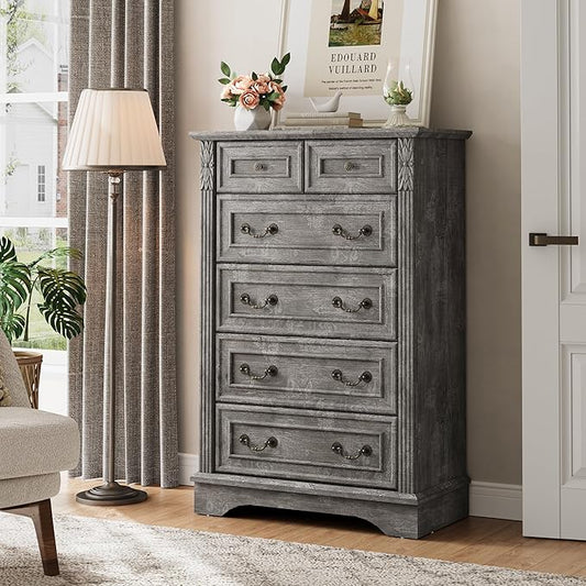 Farmhouse 6 Drawers Dresser, Wood Dressers for Bedroom, Tall 6 Chset of Drawers with Carved Wood Pilasters, Rustic Dressers Organizer for Bedroom, Hallway, Light Gray
