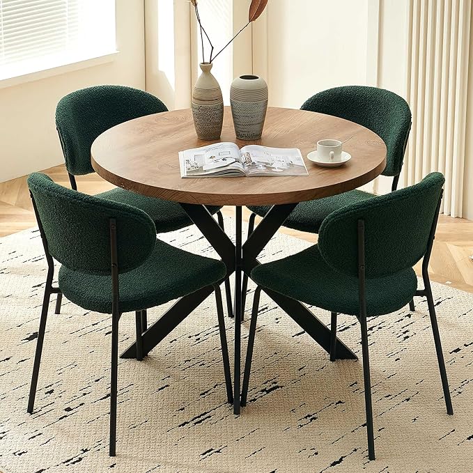 Dining Table Set for 4, Modern 5-Piece Kitchen Table Set, 37" Round MDF Living Coffee Table with 4 Seated Green Boucle Dining Chairs Upholstered, Metal Legs for Dining Hall, Living Room
