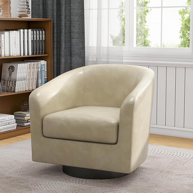 UIXE 360° Swivel Barrel Accent Chair Armchair, Faux Leather Modern Round Club Arm Chair Upholstered Single Sofa Seating Corner Nook Side Reading Seat for Living Room, Office, Bedroom - Cream