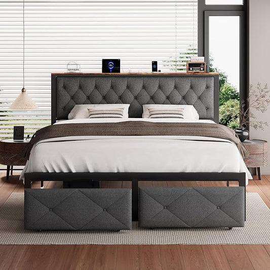 iPormis King Bed Frame with 2 Storage Drawers, Linen Upholstered Headboard Platform Bed with Charging Station, No Box Spring Needed, Metal Slats Support, Noise-Free, Easy Assembly, Grey