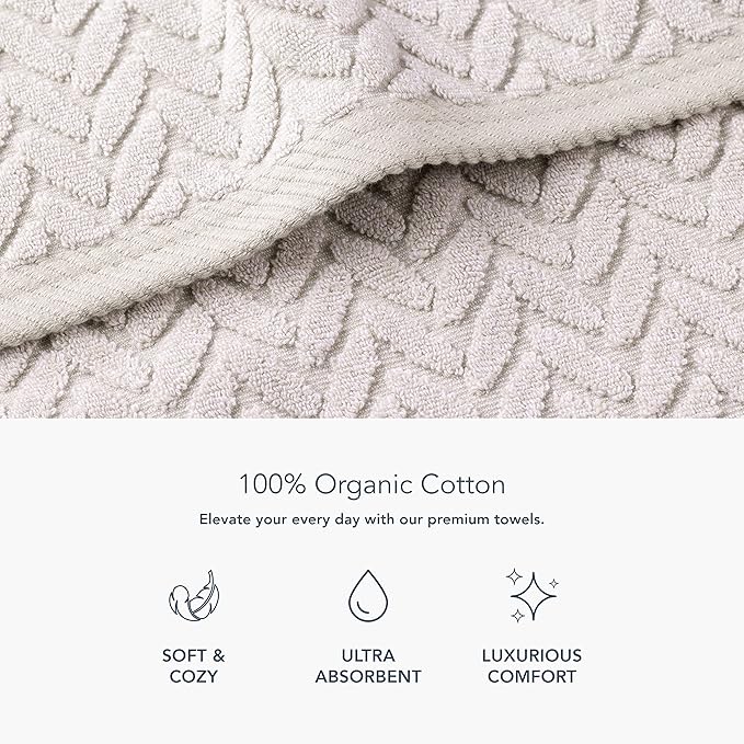 Texere 100% Organic Cotton Jacquard 650 GSM Premium Bath Towel Sets - Extra Absorbent Quick Dry and Plush (Cable, Light Taupe, 4 Bath Towels)