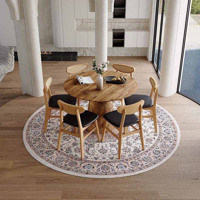 45 Inch Round Dining Table Set for 6, 7 Piece Kitchen Table and Chairs Set, Wooden Table with Light Walnut Finish, Small Space Dining Set for Apartment or Dining Room