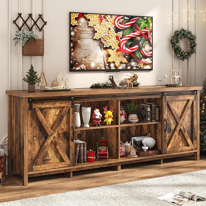 Farmhouse TV Stand for 80 Inch TV with Sliding Barn Door, Rustic Wood Entertainment Center Large Media Console Cabinet Long Television Stands,Console Table and Media Furniture for Living Room(Brown)