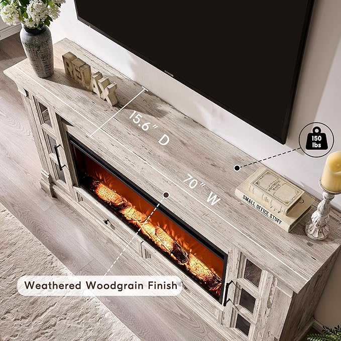 OKD Fireplace TV Stand for up-to-80 TV, Farmhouse 36" Tall Entertainment Center with 42" Electric Fireplace, Media Console with Glass Door Cabinets & Drawers for Living Room, Antique Brush White