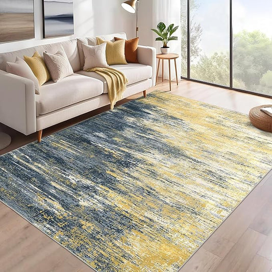 Modern Abstract Area Rug 4x6 Washable Rug for Living Room, Ultra Soft Rug for Bedroom, Non Slip Indoor Floor Carpet, Stain Resistant Rugs for Home Decor Office, Yellow/Black