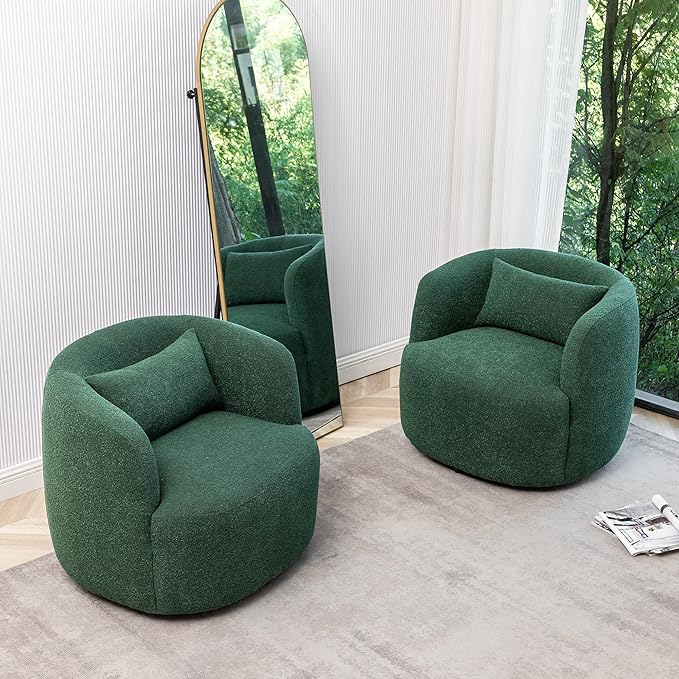 KINWELL 34" Wide Boucle Swivel Barrel Chairs Set of 2, No Assembly Round Upholstered Armchairs Accent Chairs Single Sofa Chair with Toss Pillow for Living Room and Bedroom, Green