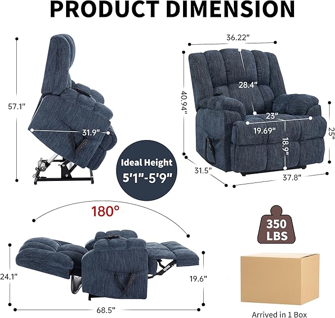 Luxlen Power Lift Recliner Chair for Elderly, Heat Massage Recliners, Dual Motor Oversized Lift Chair, Medium-Firm Electric Lift Recliners with Remote - Dark Blue