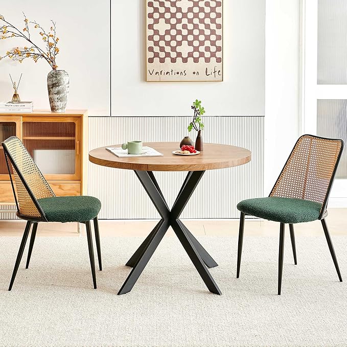 NORDICANA 3-Piece Wooden Dining Set, Space-Saving Round Table & Chair Set for Kitchen, Breakfast Nook, Rattan Wicker Dining Chairs with Boucle Seats - Green