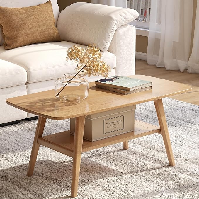 100% Solid Oak Wood Coffee Table for Living Room, 2-Tier Small Coffee Tables with Shelf Storage, Mid Century Modern Table with Rounded Corners (Natural, 39.37“ x 22.05” x 17.32“)