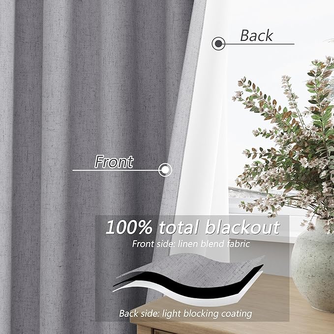 Guken Grey Linen Blackout Curtains 102 Inch Length 2 Panels Set for Living Room Bedroom Back Tab Thermal Insulated 100% Black Out Linen Drapes Room Darkening Window Curtains 102 Inches Long