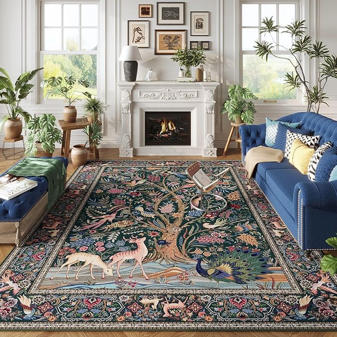 Area Rugs 5x7 Vibrant Tree of Life-Patterned Vintage Washable Area Rug Non Slip Low Pile Large Rugs for Living Room Bedroom Farmhouse Dining Room Kids Playroom, Green