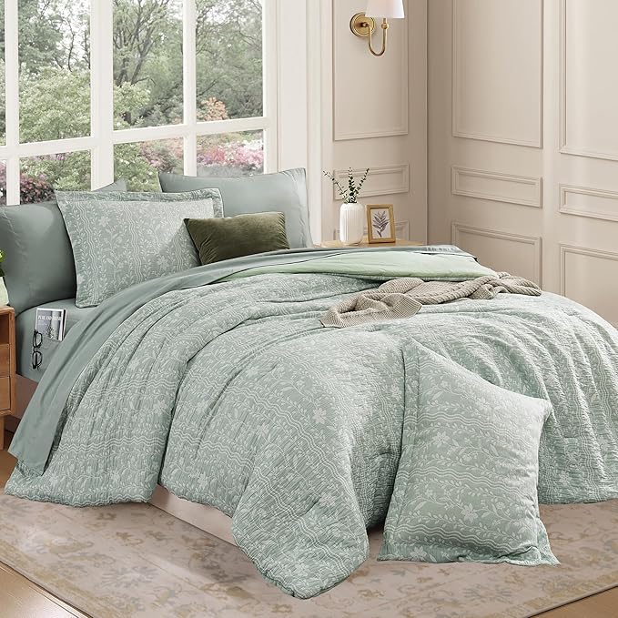 Queen Comforter Set -7 Pieces Green Floral Comforter Set for All Seasons, Bed in a Bag Queen with Botanical Flowers Comforter, Sheets, Pillowcases & Shams