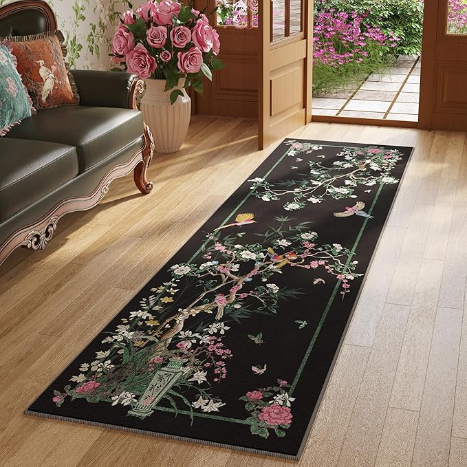 Runner Rug 2x6 Chinoiserie-Style Floral Vintage Kitchen Rugs Non Slip Washable with Rubber Backing Soft Carpet for Laundry, Bedroom, Bathroom, Black