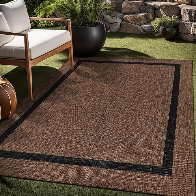 Bordered Outdoor Rug 5x7 Washable Outside Carpet for Indoor Patio Porch Waterproof Easy Cleaning Non Shedding Area Rugs Nut Brown - Black 5 x 7