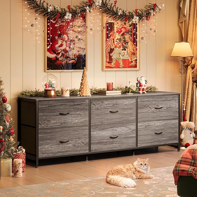 Huuger 63 Inch Long Dresser for Bedroom, Wide TV Stand for 55, 65, 70 Inch TV, 6 Drawer Dresser for Closet with Fabric Drawers, Storage Organizer for Bedroom, Entryway, Grey