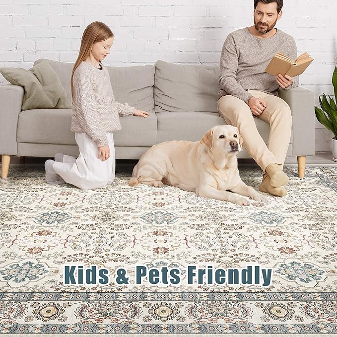 Area Rugs for Living Room: 9x12 Washable Rug Vintage Boho Floral Print - Ultra Thin Stain Resistant Large Soft Non Slip Foldable Carpets for Bedroom Dining Room Office Nursery - Multi