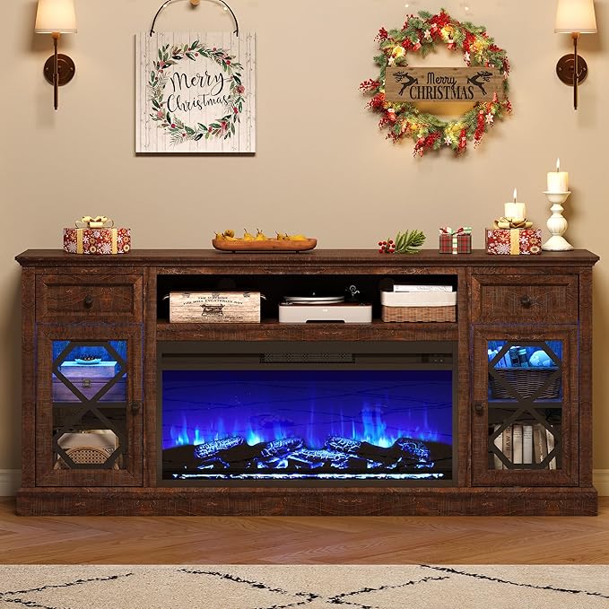 Farmhouse 70" Fireplace TV Stand with 37" Electric Fireplace, Large LED Entertainment Center with Storage for 80" TVs, TV Console Cabinet with Diamond Door for Living Room, Brown