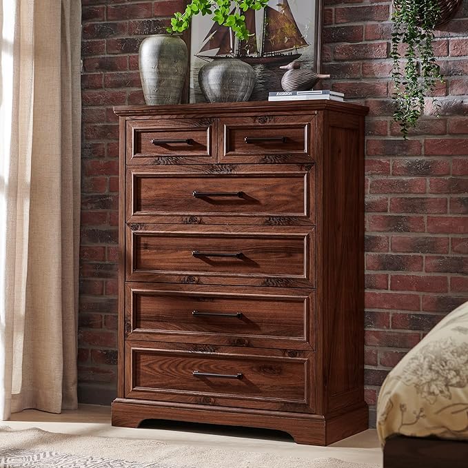 6 Drawer Dresser, Farmhouse Chest of Drawers for Bedroom, 44" Tall Dresser with Large Metal Handles, Wood Drawer Organizer for Living Room, Hallway, Closet - Brown