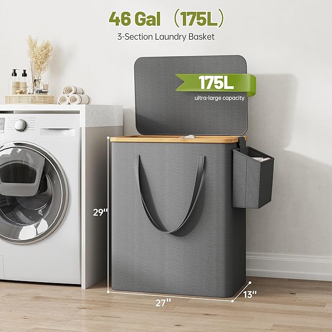 175L Laundry Hamper with Lid 3 Section, Extra Large Laundry Basket with 3 Removable Bags, 46 GAL Laundry Basket Organizer for Bedroom, Laundry Room, Dorm, Grey