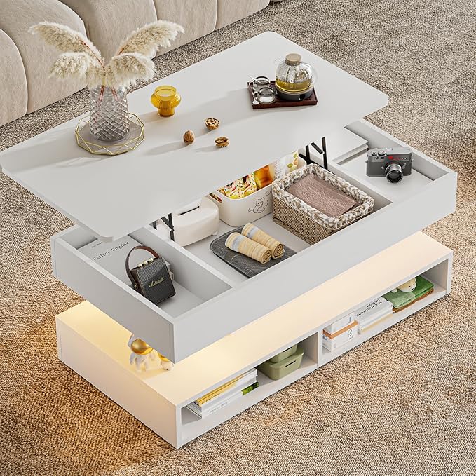 LED Coffee Table for Living Room,47.2" Large Living Room Table 2-Tier High Glossy Coffee Table with Storage,Rectangular Wooden Tea Tables for Home Office,White
